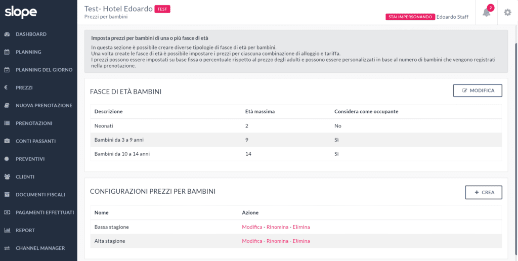 come impostare prezzi per bambini hotel slope software gestionale