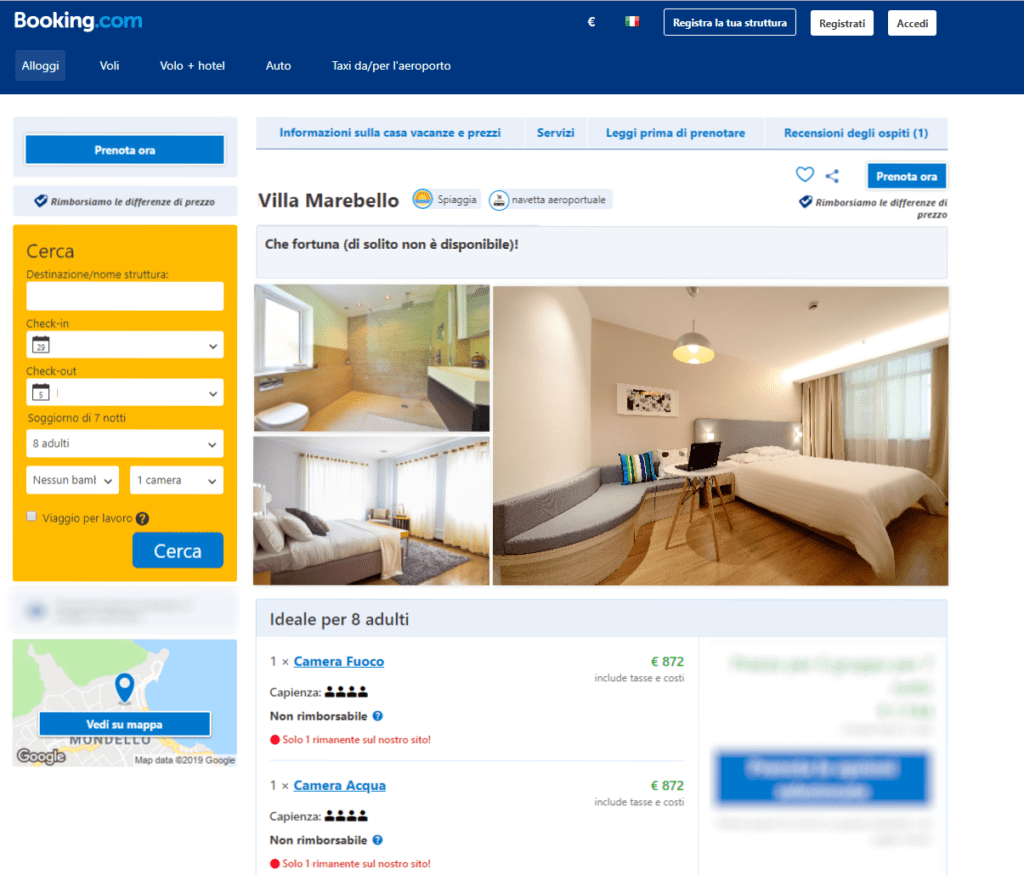 Esempio della vendita dei singoli alloggi sul portale OTA Booking