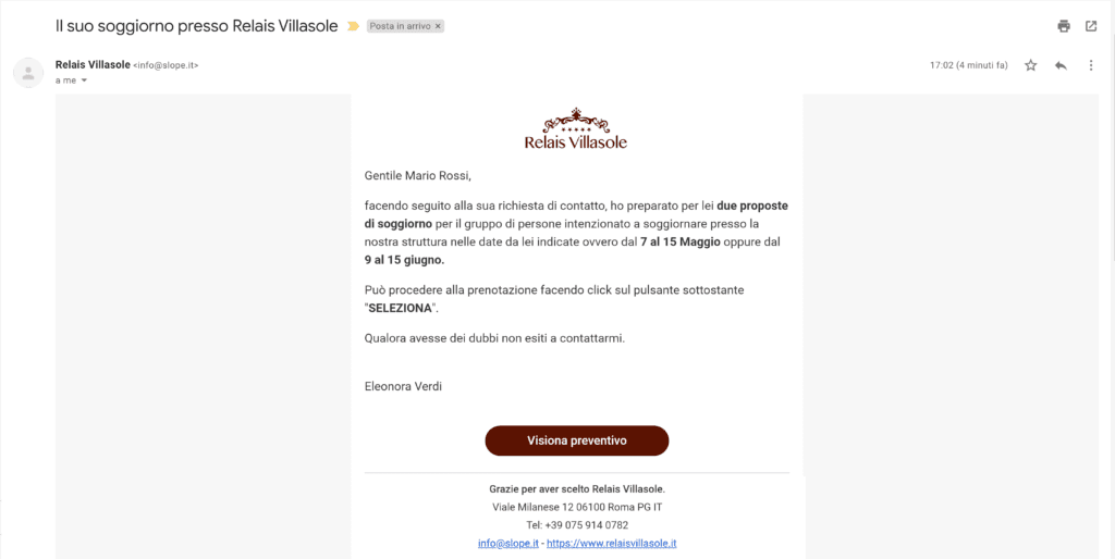Esempio del template grafico di un preventivo inviato da hotel