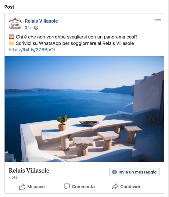 Esempio di post Facebook in cui è presente il link per scrivere su WhatsApp