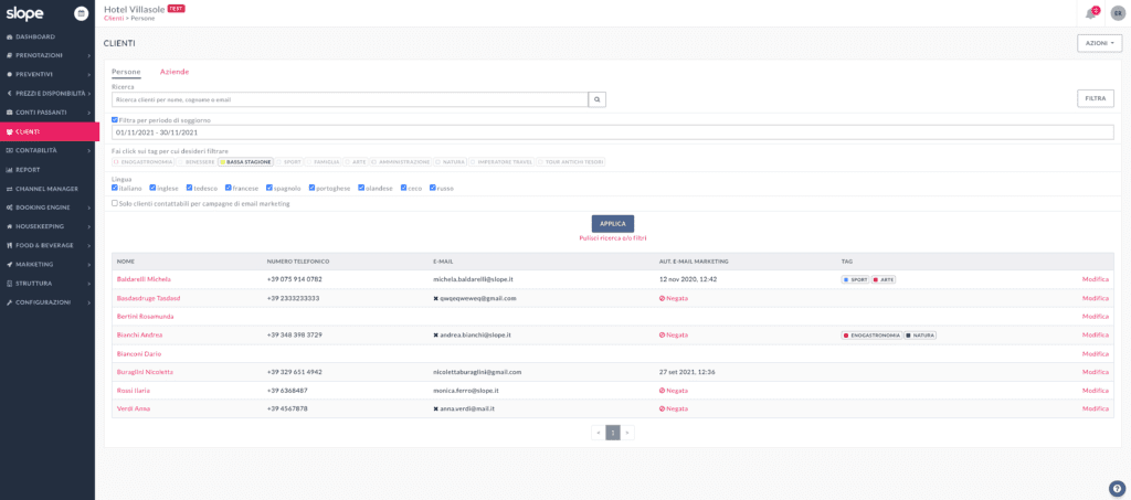 Esempio filtro CRM Slope bassa stagione