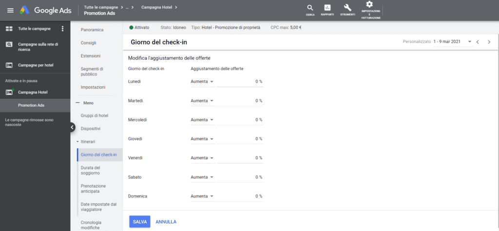 Impostare giorno check in Property Promotion Ads