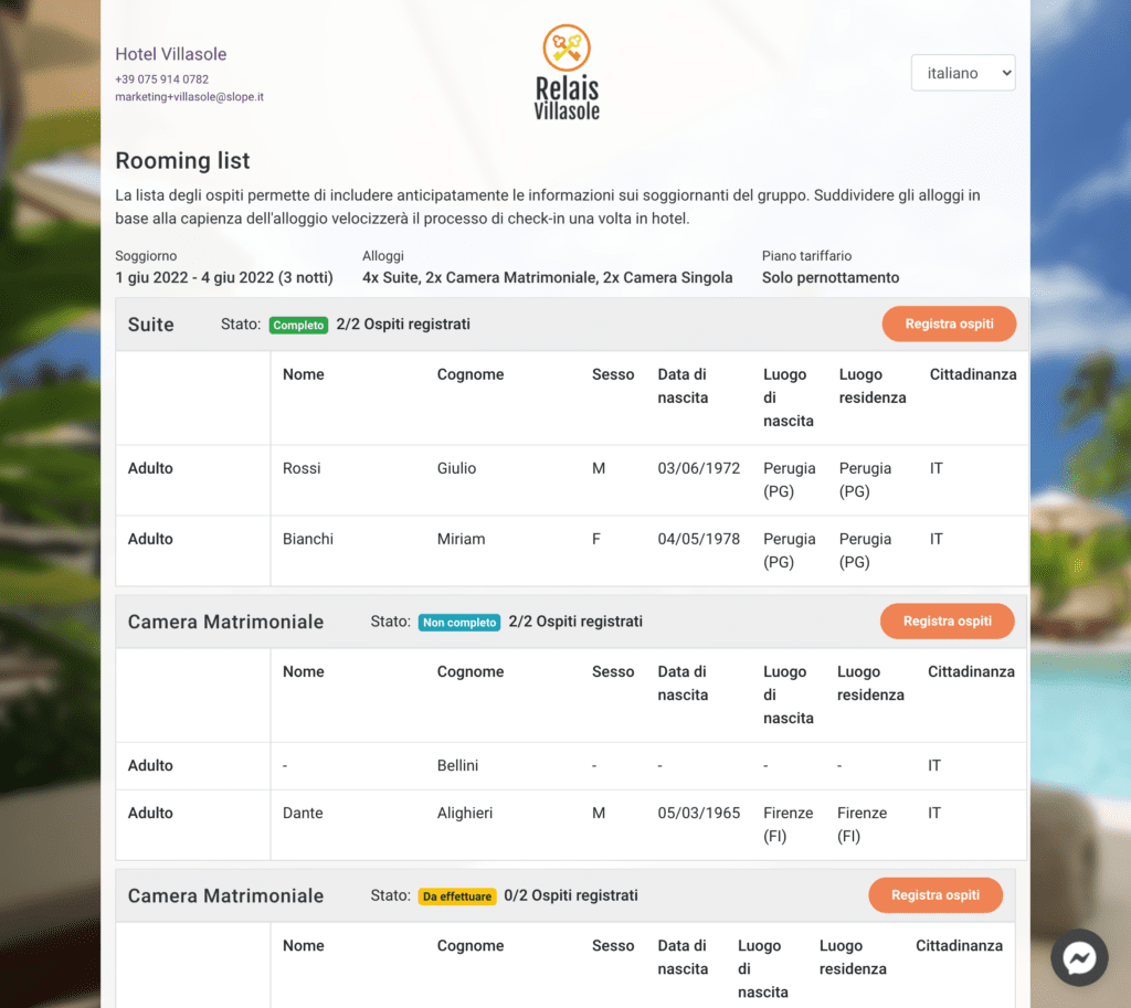 Rooming List Hotel Slope